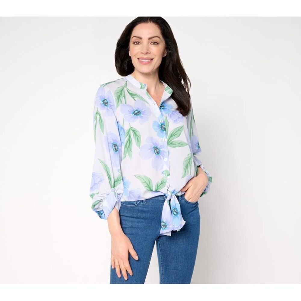 Wacoal Women's Top Sz XL Breezy Petals Button Up Tie Front Multi-colored A679768
